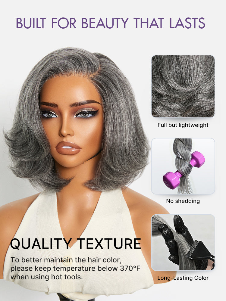 Boss Vibe Salt & Pepper Layered Bob Glueless Pre-Cut Minimalist  HD Lace Grey Wig