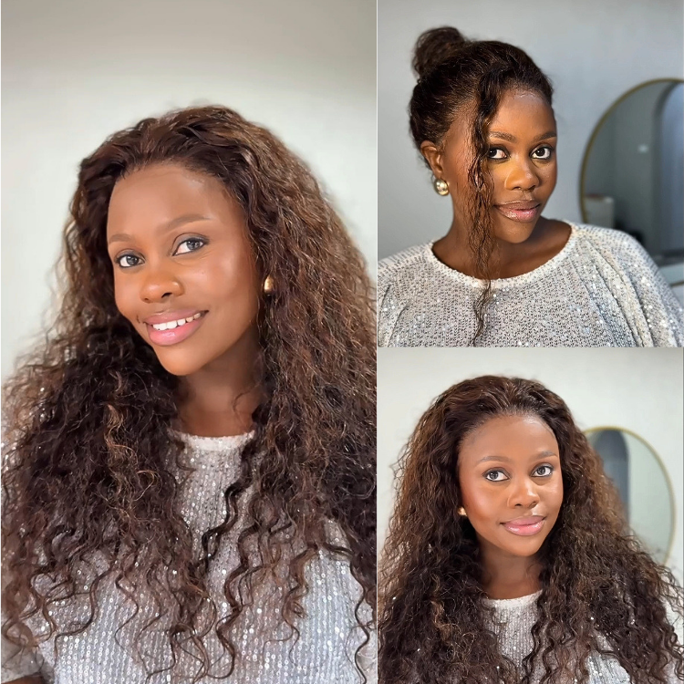 [zona_davani]'s Special Link VolumeMAX™ 200% Density Brown Highlights Flexi-Fit Invisi Drawstring Cap Glueless 360 Lace Super Natural Hairline Water Wave Free Part 100% Human Hair Wig