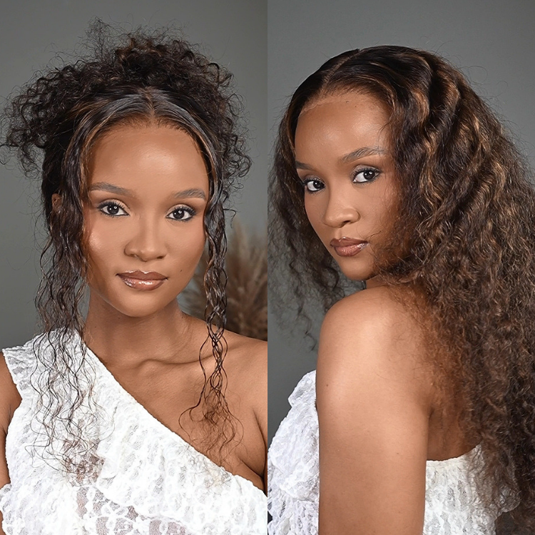 [goose_katai]'s Special Link VolumeMAX™ 200% Density Brown Highlights Flexi-Fit Invisi Drawstring Cap Glueless 360 Lace Super Natural Hairline Water Wave Free Part 100% Human Hair Wig