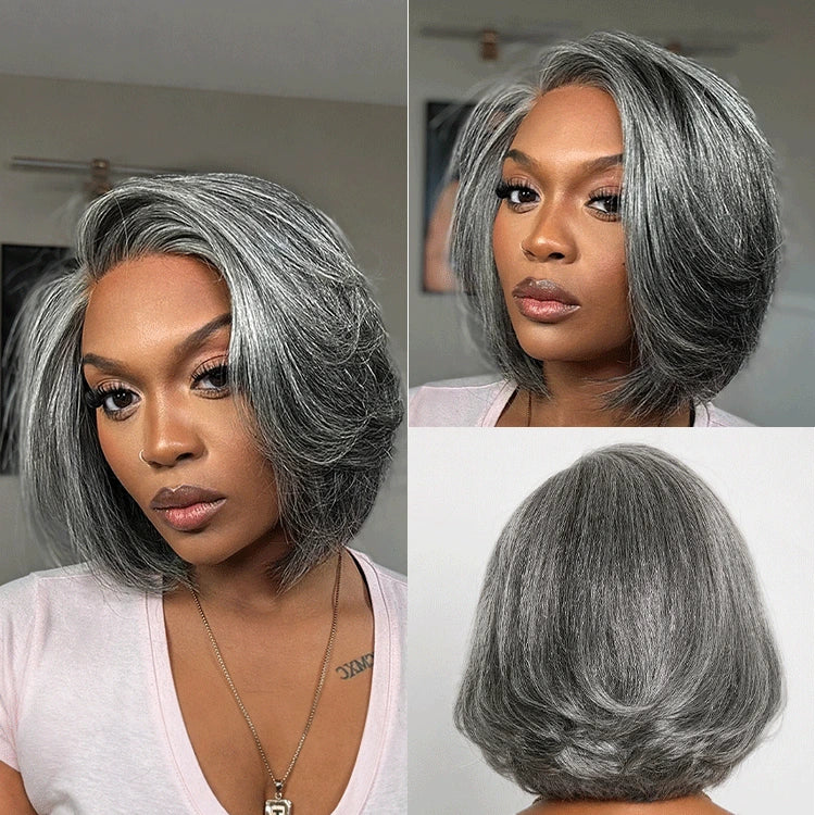 Boss Vibe Salt & Pepper Layered Bob Glueless Pre-Cut Minimalist  HD Lace Grey Wig