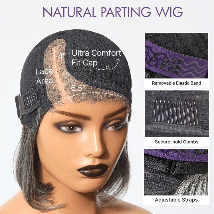 Boss Vibe Salt & Pepper Layered Bob Glueless Pre-Cut Minimalist  HD Lace Grey Wig