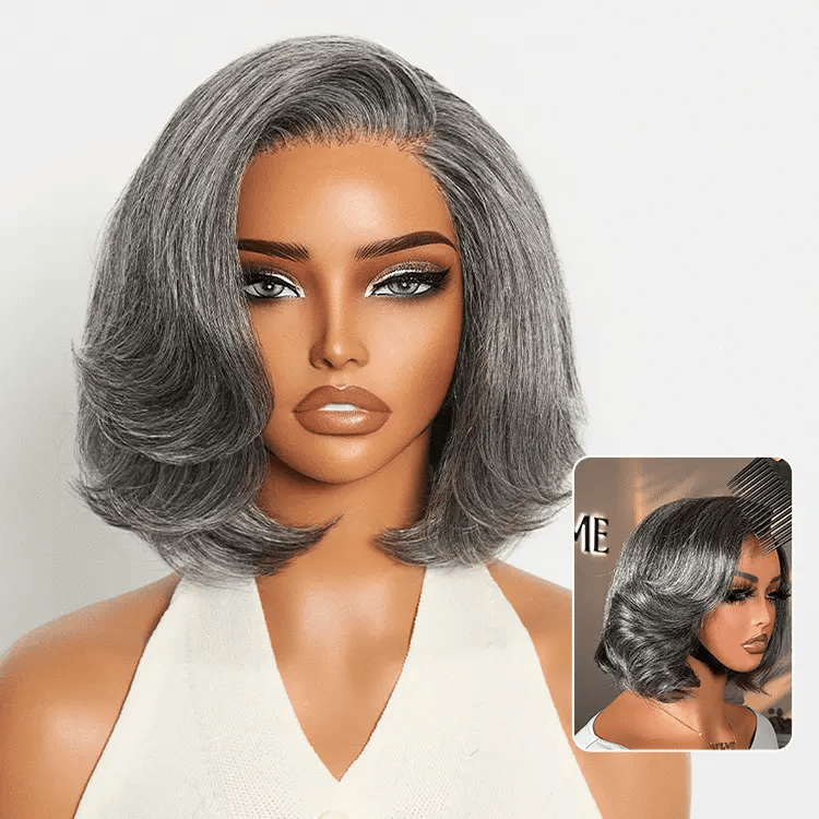 Boss Vibe Salt & Pepper Layered Bob Glueless Pre-Cut Minimalist  HD Lace Grey Wig