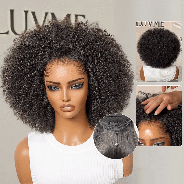 Pre-do Lagos Hairline Flexi Fit Invisi Drawstring Cap 250% Density Natural Black Kinky Curly Glueless 13x4 Frontal HD Lace 12 inches Wig Pre-Cut Lace