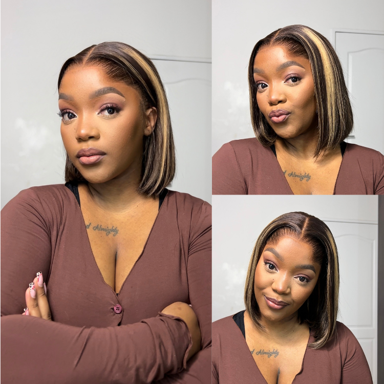 [kamo_leslie]'s Special Link Pre-do Lagos Hairline Flexi Fit Invisi Drawstring Cap 200% Density Blonde Highlight Silky Straight Bob Glueless 13x4 Frontal HD Lace Wig Pre-Cut Lace