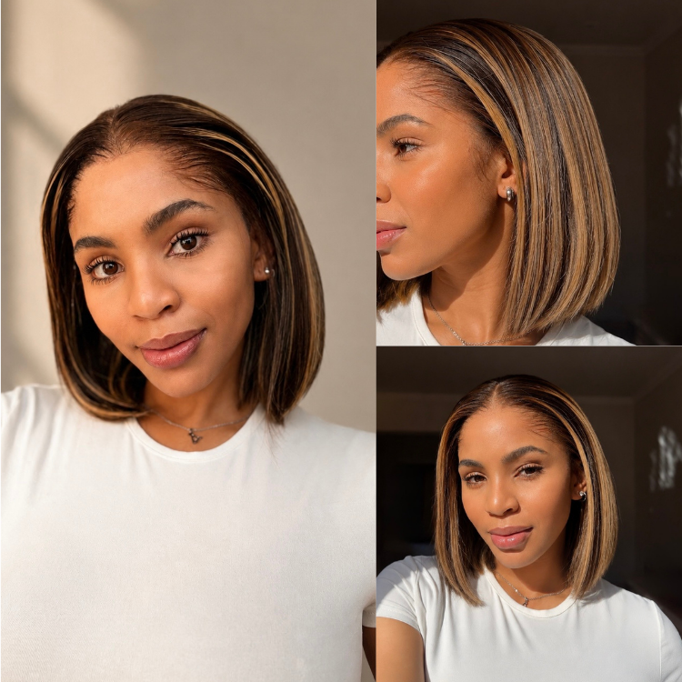 [bassiepeete]'s Special Link Pre-do Lagos Hairline Flexi Fit Invisi Drawstring Cap 200% Density Blonde Highlight Silky Straight Bob Glueless 13x4 Frontal HD Lace Wig Pre-Cut Lace