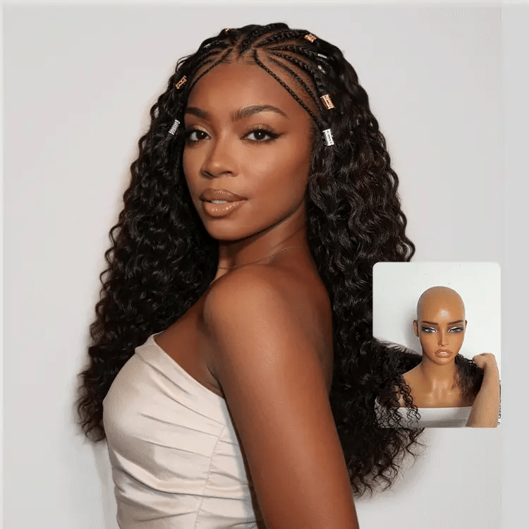 Boho Fulani Braids Water Wave 13x4 Frontal Lace Wig 24 Inches Pre-cut Lace Human Hair
