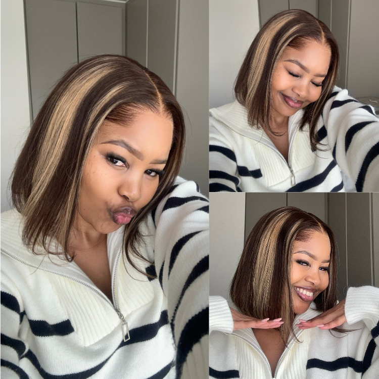 [morokab]'s Special Link Pre-do Lagos Hairline Flexi Fit Invisi Drawstring Cap 200% Density Blonde Highlight & Natural Black Silky Straight Bob Glueless 13x4 Frontal HD Lace Wig Pre-Cut Lace