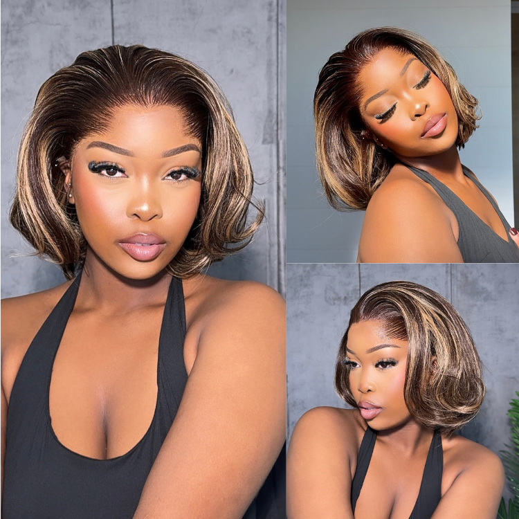 [remofilwe__]'s Special Link Pre-do Lagos Hairline Flexi Fit Invisi Drawstring Cap 200% Density Blonde Highlight & Natural Black Silky Straight Bob Glueless 13x4 Frontal HD Lace Wig Pre-Cut Lace