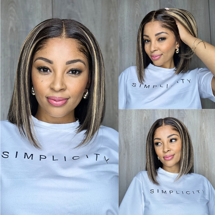 [mrsbrealtor_]'s Special Link Pre-do Lagos Hairline Flexi Fit Invisi Drawstring Cap 200% Density Blonde Highlight & Natural Black Silky Straight Bob Glueless 13x4 Frontal HD Lace Wig Pre-Cut Lace
