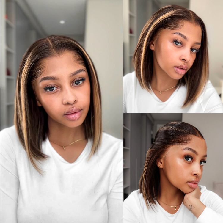 [tshegoteelux11]'s Special Link Pre-do Lagos Hairline Flexi Fit Invisi Drawstring Cap 200% Density Blonde Highlight & Natural Black Silky Straight Bob Glueless 13x4 Frontal HD Lace Wig Pre-Cut Lace