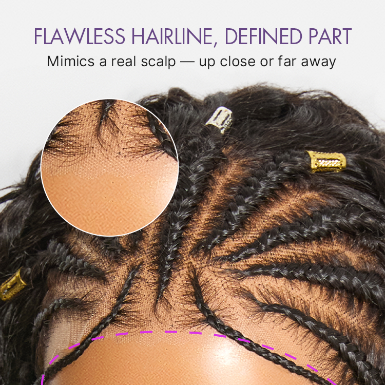 Boho Fulani Braids Water Wave 13x4 Frontal Lace Wig 24 Inches Pre-cut Lace Human Hair