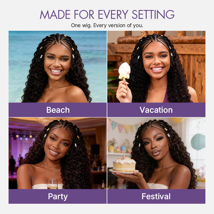 Boho Fulani Braids Water Wave 13x4 Frontal Lace Wig 24 Inches Pre-cut Lace Human Hair