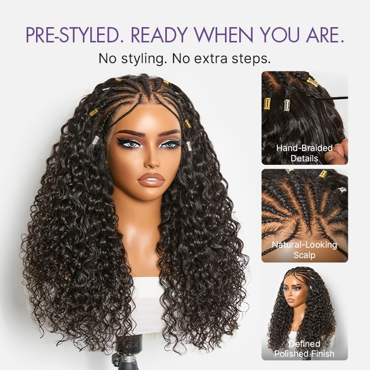 Boho Fulani Braids Water Wave 13x4 Frontal Lace Wig 24 Inches Pre-cut Lace Human Hair