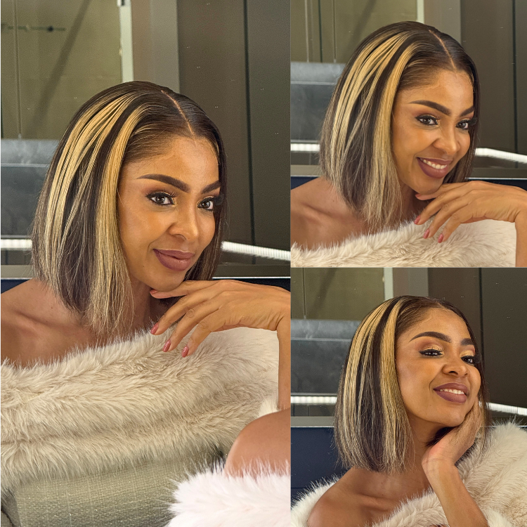 [matapamaila]'s Special Link Pre-do Lagos Hairline Flexi Fit Invisi Drawstring Cap 200% Density Blonde Highlight & Natural Black Silky Straight Bob Glueless 13x4 Frontal HD Lace Wig Pre-Cut Lace