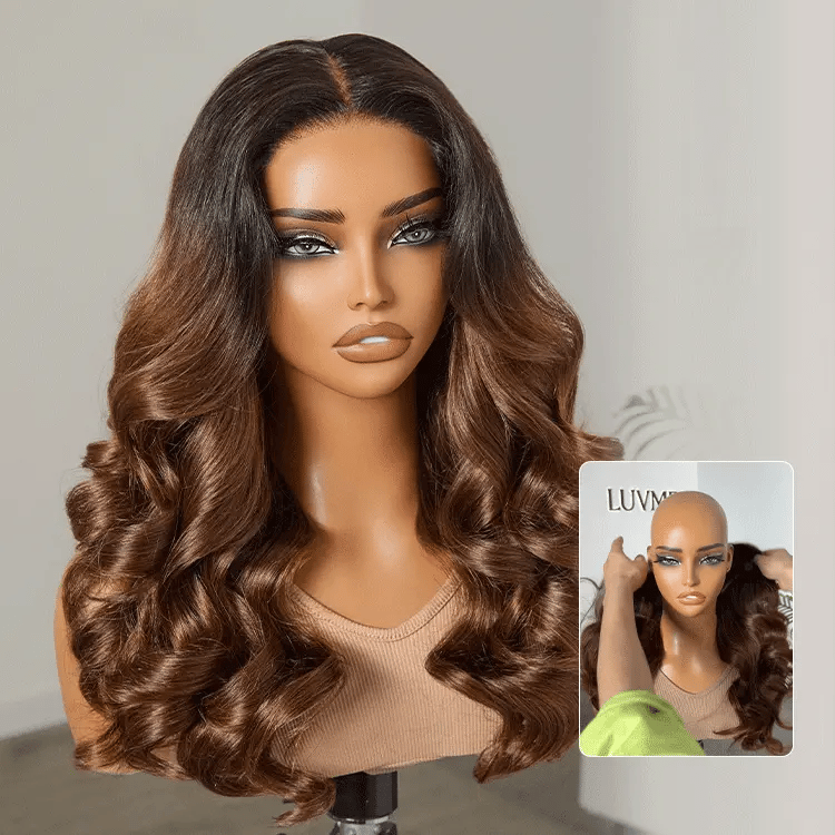 Custom | 300% High Density Ombre Brown Body Wave 4x4 Closure Lace Glueless 18 Inches Long Wig