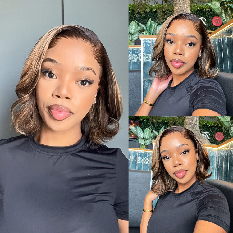 [macaroonstan]'s Special Link Pre-do Lagos Hairline Flexi Fit Invisi Drawstring Cap 200% Density Blonde Highlight & Natural Black Silky Straight Bob Glueless 13x4 Frontal HD Lace Wig Pre-Cut Lace