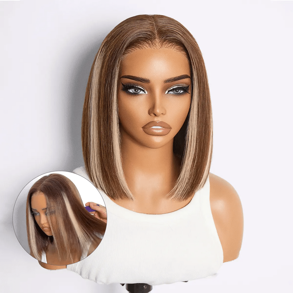 Ash Blonde Highlight Glueless 5x5 HD Closure Lace Bob Wig Pre-Cut Lace Flexi-Fit Drawstring Cap