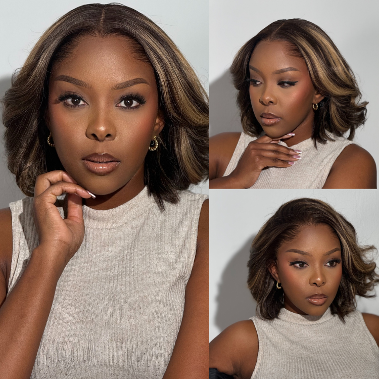[Jenna]'s Special Link Pre-do Lagos Hairline Flexi Fit Invisi Drawstring Cap 200% Density Blonde Highlight & Natural Black Silky Straight Bob Glueless 13x4 Frontal HD Lace Wig Pre-Cut Lace
