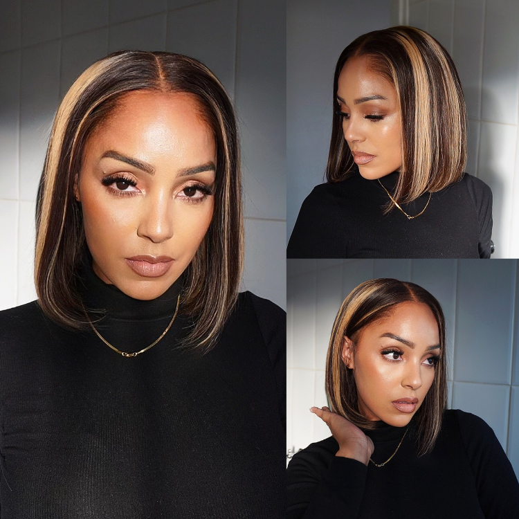 [morgantasneem]'s Special Link Pre-do Lagos Hairline Flexi Fit Invisi Drawstring Cap 200% Density Blonde Highlight & Natural Black Silky Straight Bob Glueless 13x4 Frontal HD Lace Wig Pre-Cut Lace