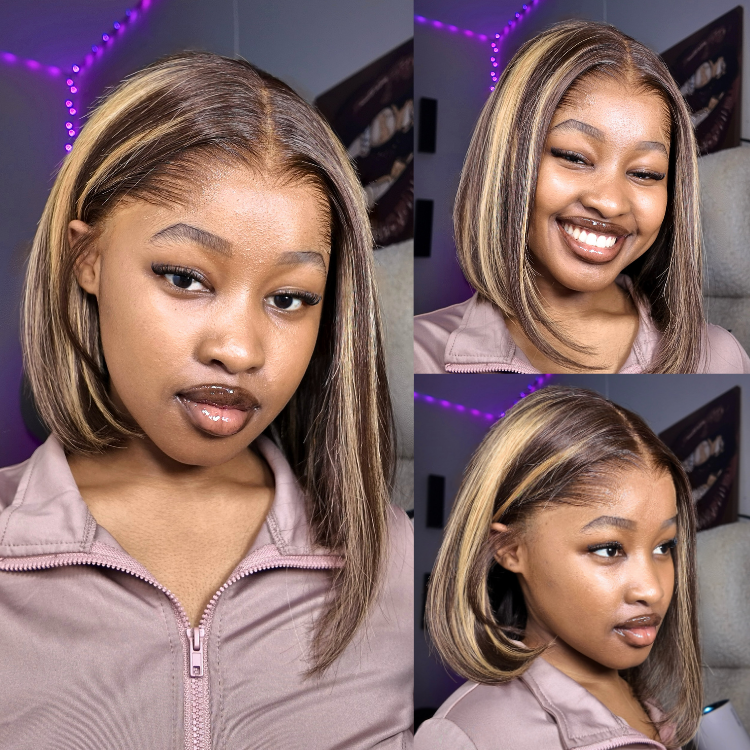 [asi.mbonge]'s Special Link Pre-do Lagos Hairline Flexi Fit Invisi Drawstring Cap 200% Density Blonde Highlight & Natural Black Silky Straight Bob Glueless 13x4 Frontal HD Lace Wig Pre-Cut Lace