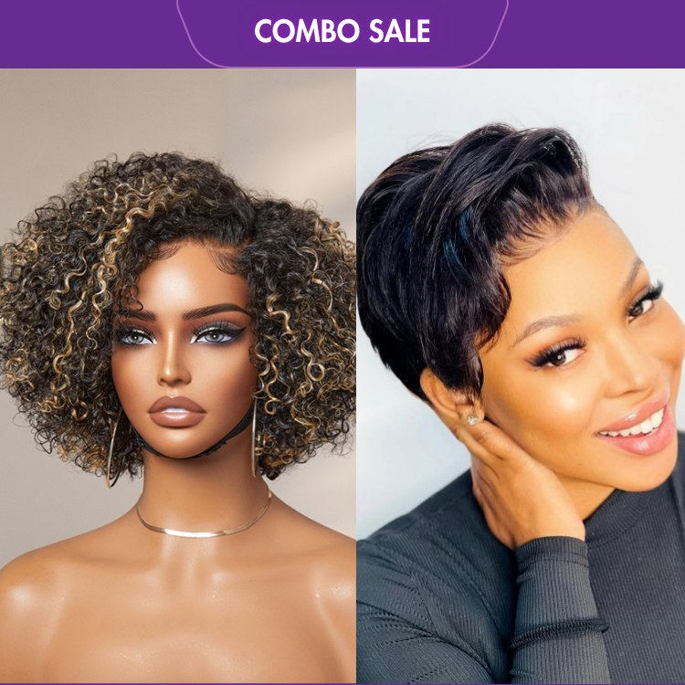 2 For 1 | Honey Blonde Highlight Kinky Curly Wig+ Super Hot Pixie Cut Glueless HD Lace Wig