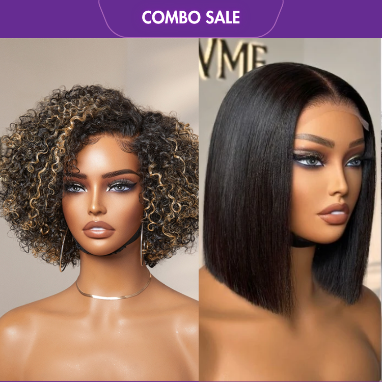 2 For 1 | Honey Blonde Highlight Kinky Curly Wig+ Blunt Cut Bob 4x4 Closure Lace 08 inches Wig
