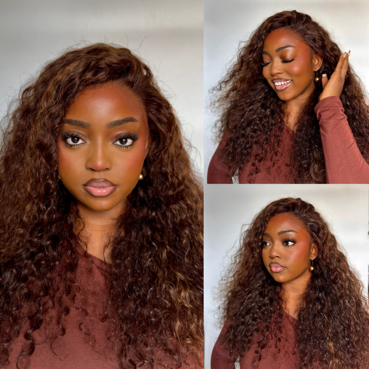 [onaopepo_a]'s Special Link VolumeMAX™ 200% Density Brown Highlights Flexi-Fit Invisi Drawstring Cap Glueless 360 Lace Super Natural Hairline Water Wave Free Part 100% Human Hair Wig
