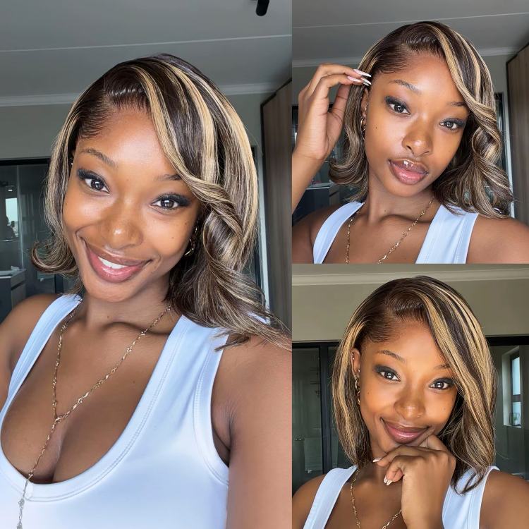 [kealeboga_masango]'s Special Link Pre-do Lagos Hairline Flexi Fit Invisi Drawstring Cap 200% Density Blonde Highlight & Natural Black Silky Straight Bob Glueless 13x4 Frontal HD Lace Wig Pre-Cut Lace