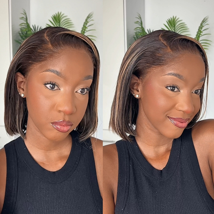 [murangii_m]'s Special Link Pre-do Lagos Hairline Flexi Fit Invisi Drawstring Cap 200% Density Blonde Highlight & Natural Black Silky Straight Bob Glueless 13x4 Frontal HD Lace Wig Pre-Cut Lace