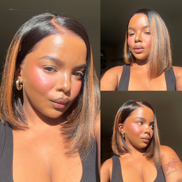 [hermosa.mp3]'s Special Link PreMax Wigs | Brown Highlight Silky Blunt Cut Bob Glueless Lace Wig With Pre-Bleached Pre-Plucked Pre-Cut Lace