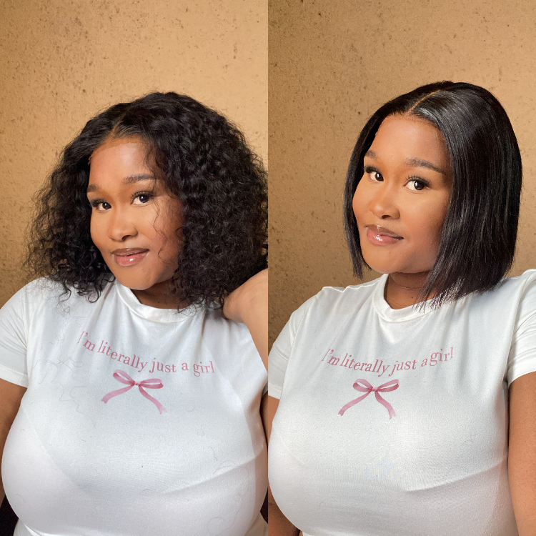 [boitumeelo]'s Special Link 180% Density Deep Curl Bob 4x4 Closure Lace 12 inches Wig+Blunt Cut Bob 4x4 Closure Lace 08 inches Wig
