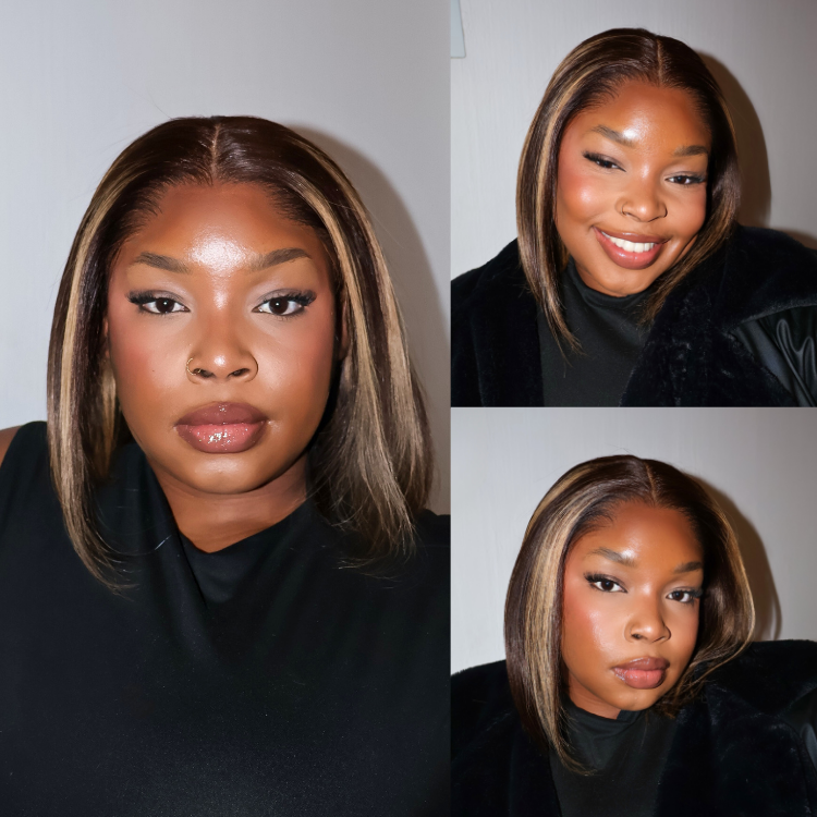 [nalohmzize]'s Special Link Pre-do Lagos Hairline Flexi Fit Invisi Drawstring Cap 200% Density Blonde Highlight & Natural Black Silky Straight Bob Glueless 13x4 Frontal HD Lace Wig Pre-Cut Lace