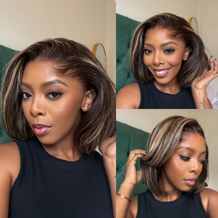 [naso.nguza]'s Special Link Pre-do Lagos Hairline Flexi Fit Invisi Drawstring Cap 200% Density Blonde Highlight & Natural Black Silky Straight Bob Glueless 13x4 Frontal HD Lace Wig Pre-Cut Lace