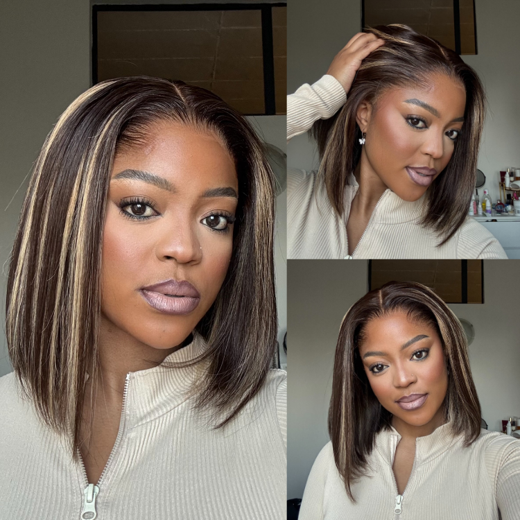 [boits_diale]'s Special Link Pre-do Lagos Hairline Flexi Fit Invisi Drawstring Cap 200% Density Blonde Highlight & Natural Black Silky Straight Bob Glueless 13x4 Frontal HD Lace Wig Pre-Cut Lace