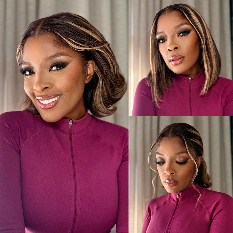 [nomsamadida]'s Special Link Pre-do Lagos Hairline Flexi Fit Invisi Drawstring Cap 200% Density Blonde Highlight & Natural Black Silky Straight Bob Glueless 13x4 Frontal HD Lace Wig Pre-Cut Lace