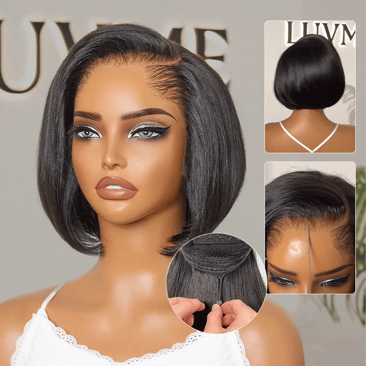 Pre-do Lagos Hairline Flexi Fit Invisi Drawstring Cap 180% Density Natural Black Pixie Cut Bob Glueless 13x4 Frontal HD Lace Wig 08 Inches