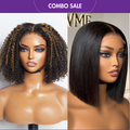 2 For 1 | 4C Edges Highlight Afro Curls 5x5 Closure HD Lace Wig + 4x4 Lace Blunt Cut Bob Wig Bone Straight