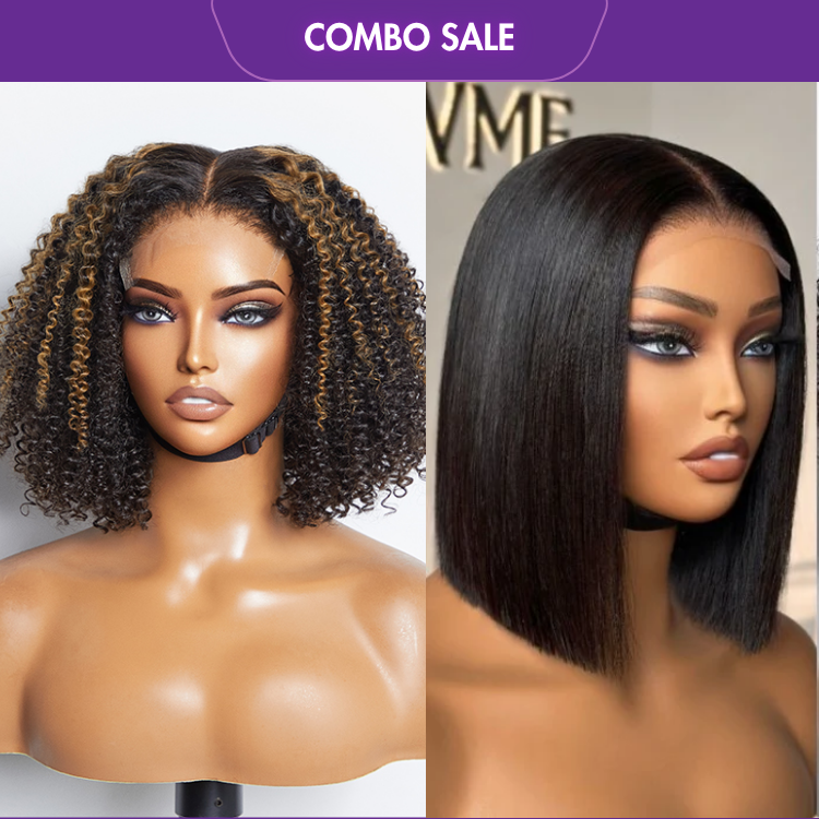 2 For 1 | 4C Edges Highlight Afro Curls 5x5 Closure HD Lace Wig + 4x4 Lace Blunt Cut Bob Wig Bone Straight