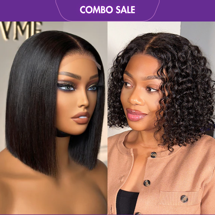 2 For 1 | Blunt Cut Bob 4x4 Closure Lace 08 inches Wig+Deep Curly Glueless 5x5 Closure Lace Wig