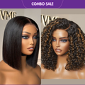 2 For 1 | Blunt Cut Bob 4x4 Closure Lace 08 inches Wig+Blonde Highlights Curly Glueless HD Lace Wig