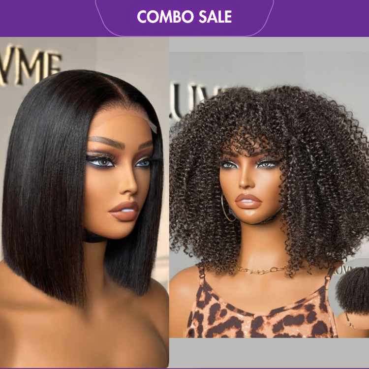 2 For 1 | Blunt Cut Bob 4x4 Closure Lace 08 inches Wig+Bouncy Jerry Curl Glueless Minimalist Lace Wig