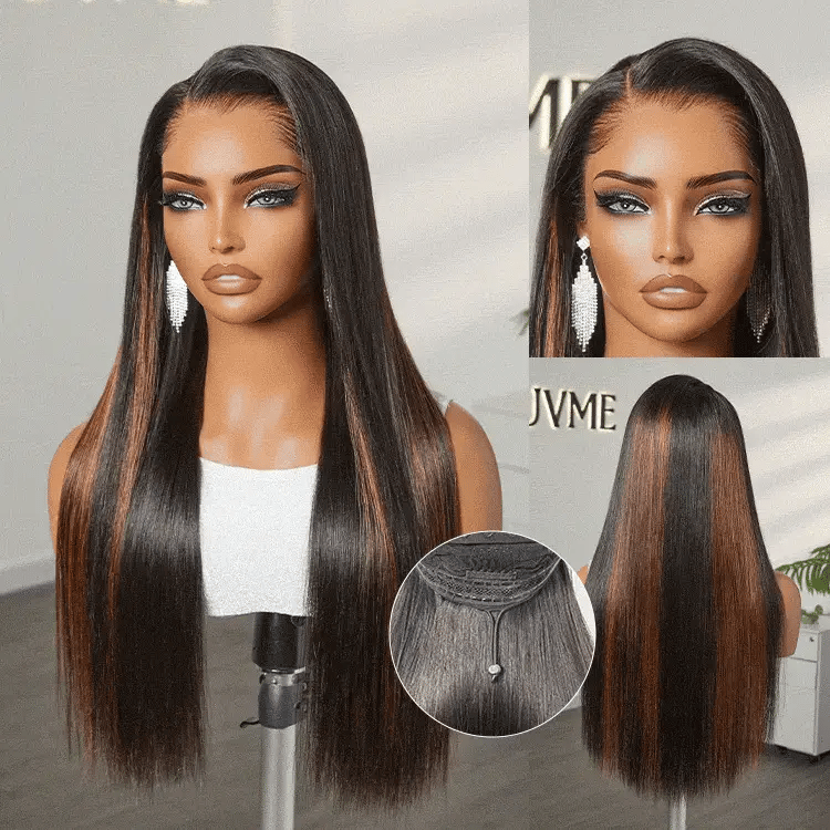 [lelomthabela]'s Special Link Pre-do Lagos Hairline Flexi Fit Invisi Drawstring Cap Natural Black & Copper Ombre Highlights Silky Straight Glueless 13x4 Frontal HD Lace Wig Pre-Cut Lace