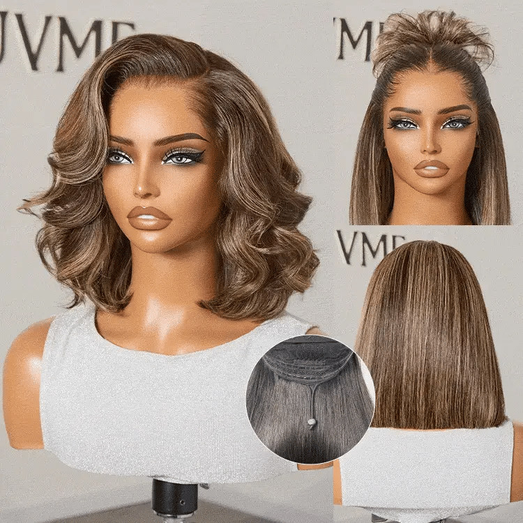 Pre-do Lagos Hairline Flexi Fit Invisi Drawstring Cap 200% Density Blonde Highlight & Natural Black Silky Straight Bob Glueless 13x4 Frontal HD Lace Wig Pre-Cut Lace