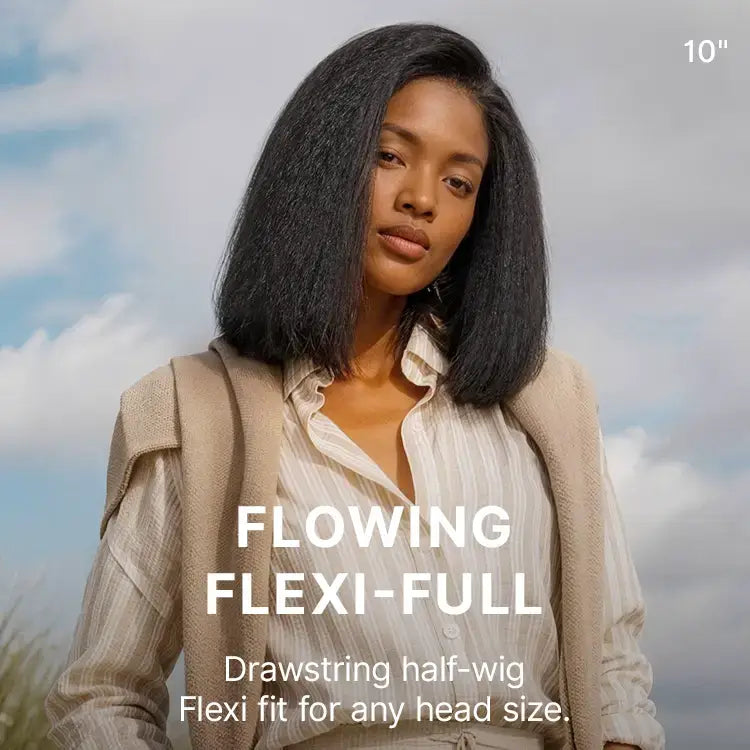 3-In-1 Half Wig 180% Density Kinky Straight Bob Glueless Flexi-Fit Drawstring Wig