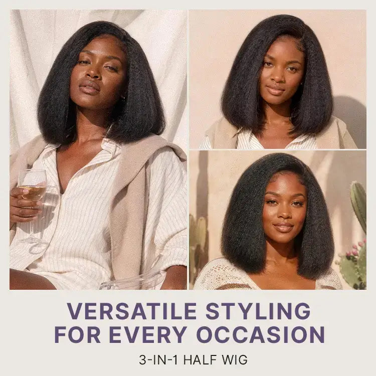 3-In-1 Half Wig 180% Density Kinky Straight Bob Glueless Flexi-Fit Drawstring Wig