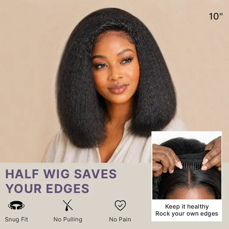 3-In-1 Half Wig 180% Density Kinky Straight Bob Glueless Flexi-Fit Drawstring Wig