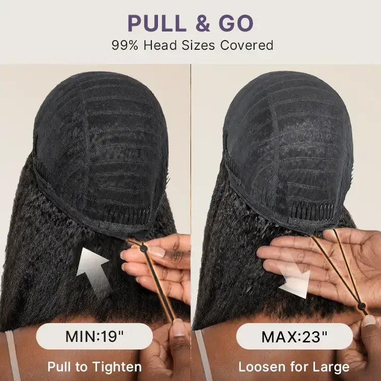 3-In-1 Half Wig 180% Density Kinky Straight Bob Glueless Flexi-Fit Drawstring Wig