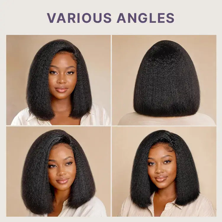 3-In-1 Half Wig 180% Density Kinky Straight Bob Glueless Flexi-Fit Drawstring Wig