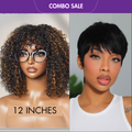 2 For 1 | Throw On & Go Short Cut with Bangs Wig+Brown Highlight Water Wave Wig