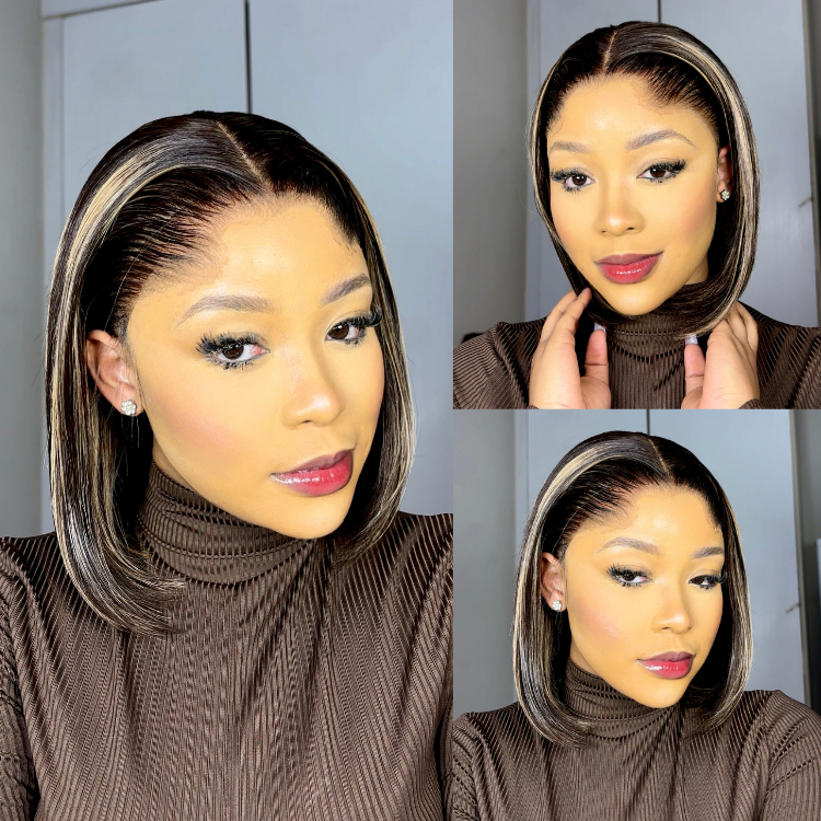 [lesa_molapo]'s Special Link Pre-do Lagos Hairline Flexi Fit Invisi Drawstring Cap 200% Density Blonde Highlight & Natural Black Silky Straight Bob Glueless 13x4 Frontal HD Lace Wig Pre-Cut Lace